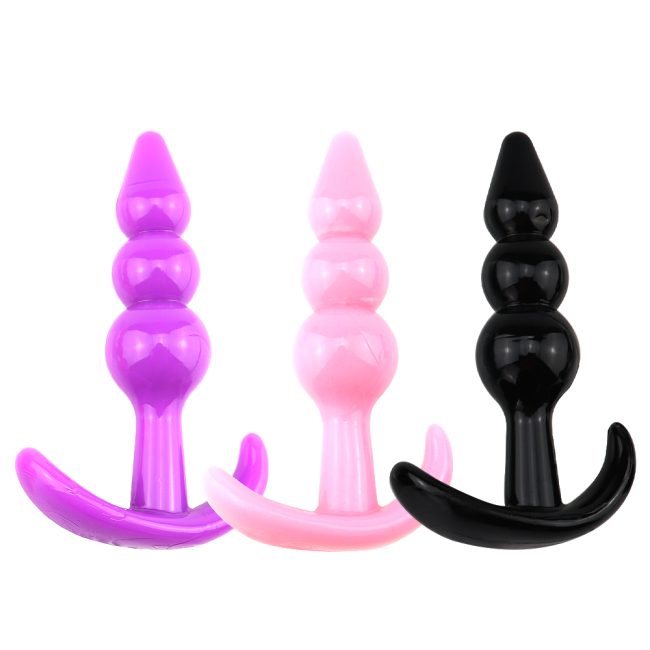 Combo Pack 3 Color Beaded Anal Butt Plug Pink Purple Black /1 Set